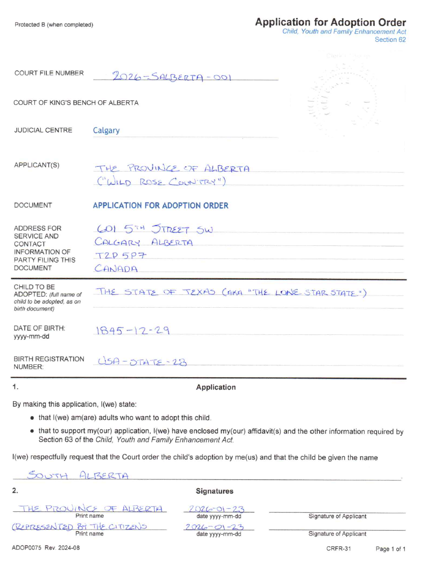 Application for Adoption Order